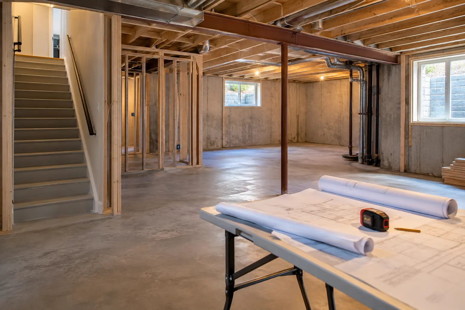Oakville basement feasibility review with measured plans in an unfinished lower level.