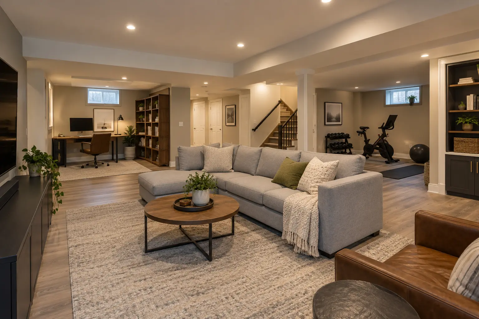 Finished Oakville family basement with a media wall, seating and warm wood details.