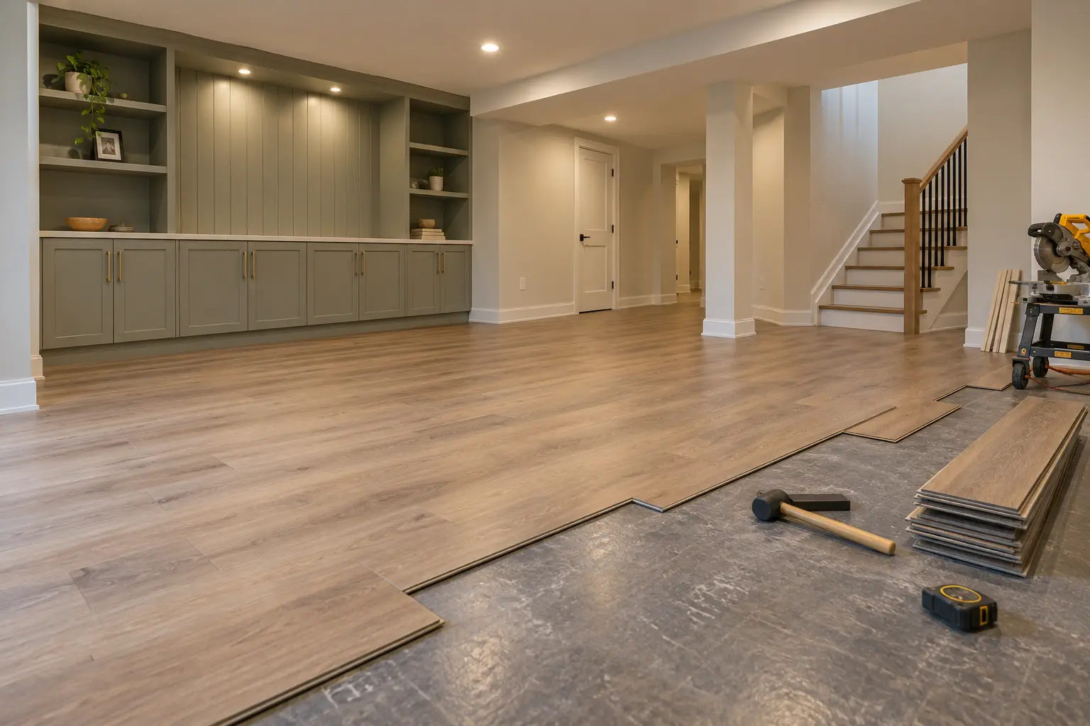 Installer laying durable flooring in a dry finished Oakville basement.