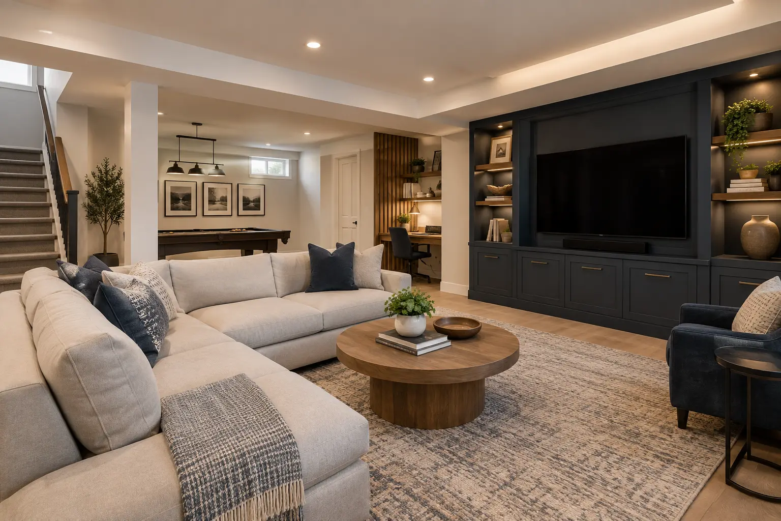 Bright finished Oakville basement with recreation, office and built-in storage areas.