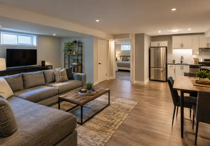 Finished family basement space transitioning toward a suite kitchen.