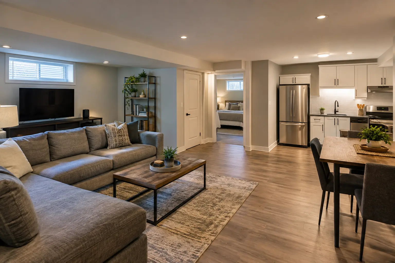 Finished family basement space transitioning toward a suite kitchen.