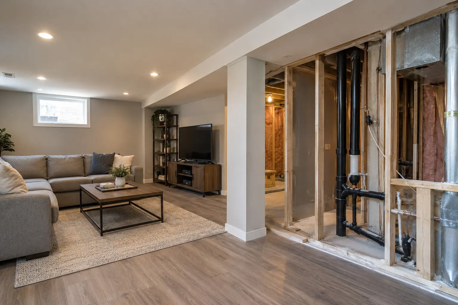 Existing finished basement undergoing selective investigation and upgrades.