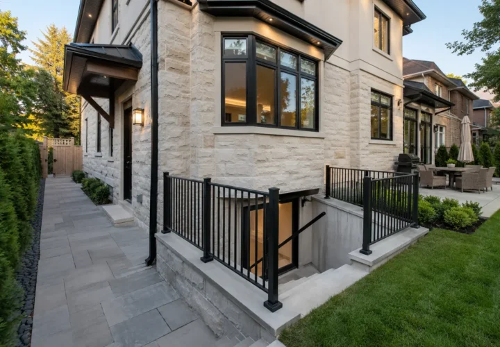 Oakville home showing a side access route and a below-grade entrance.