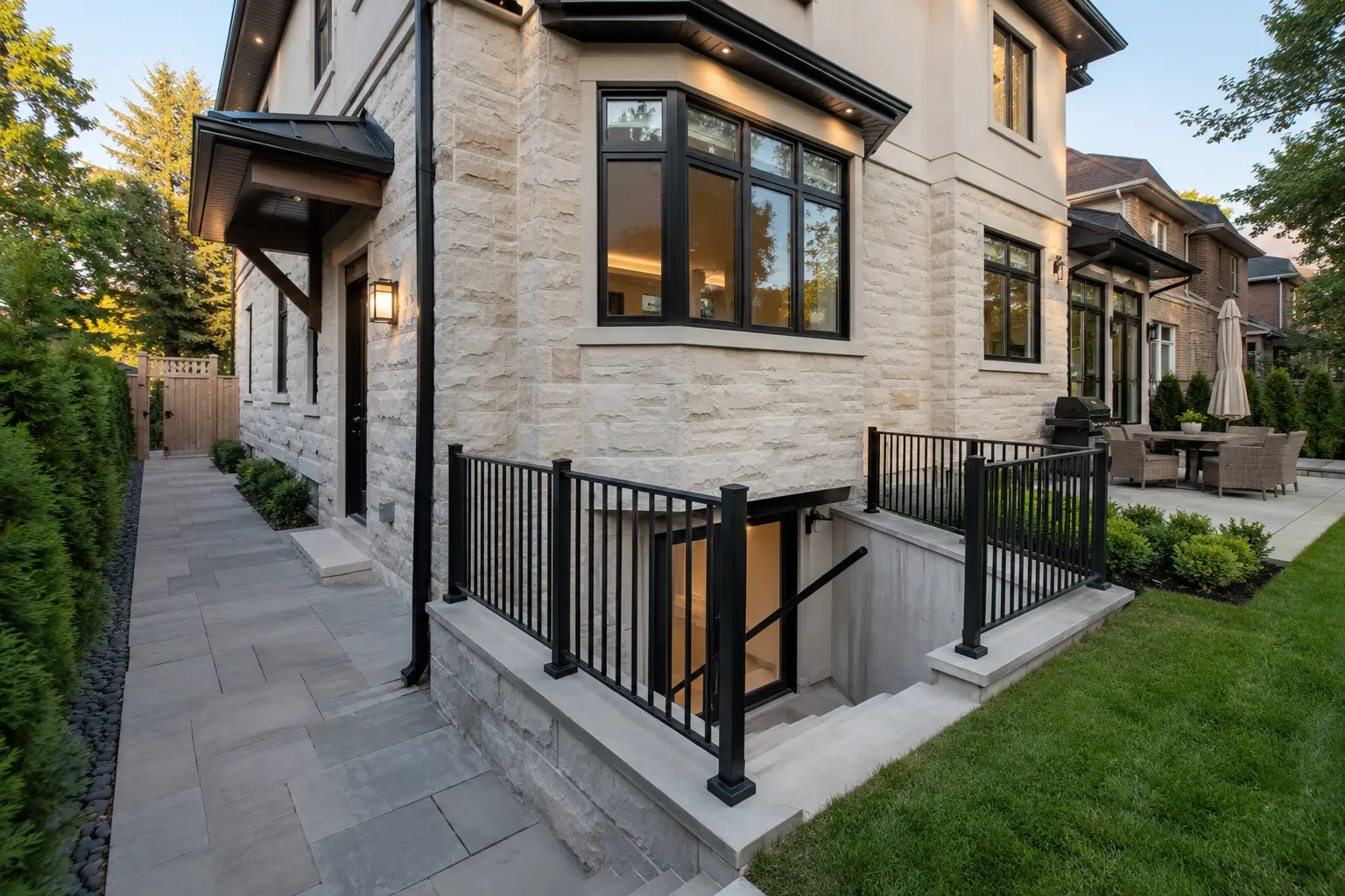 Oakville home showing a side access route and a below-grade entrance.