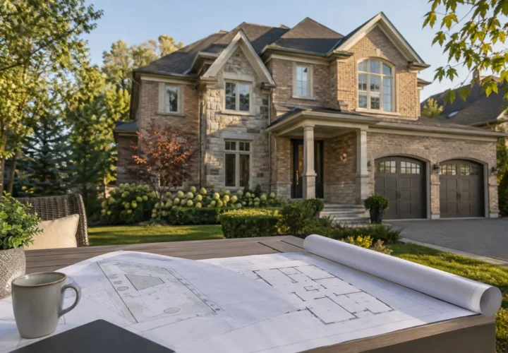 Oakville home with property survey and basement plans in the foreground.