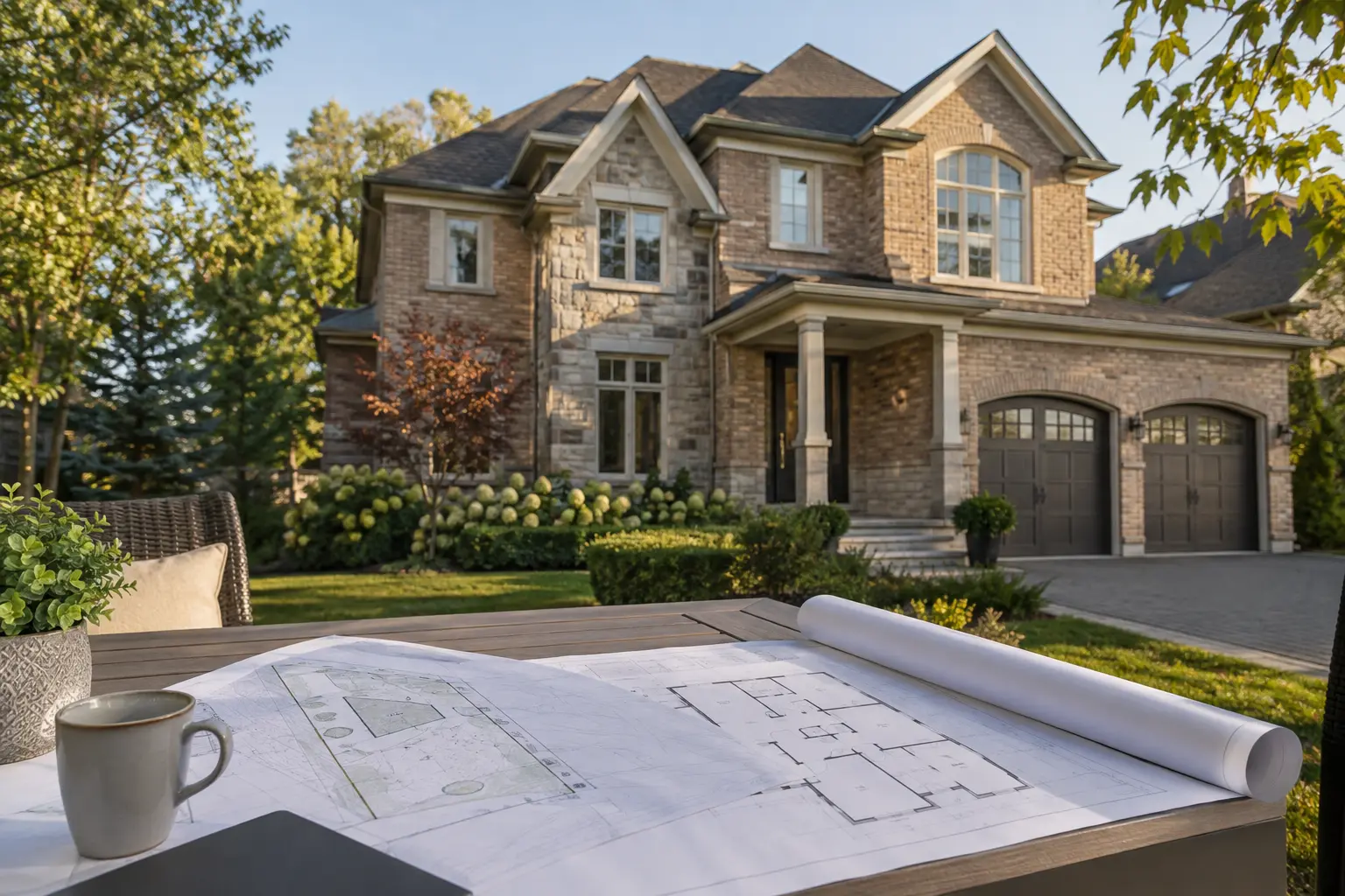 Oakville home with property survey and floor plans in the foreground.