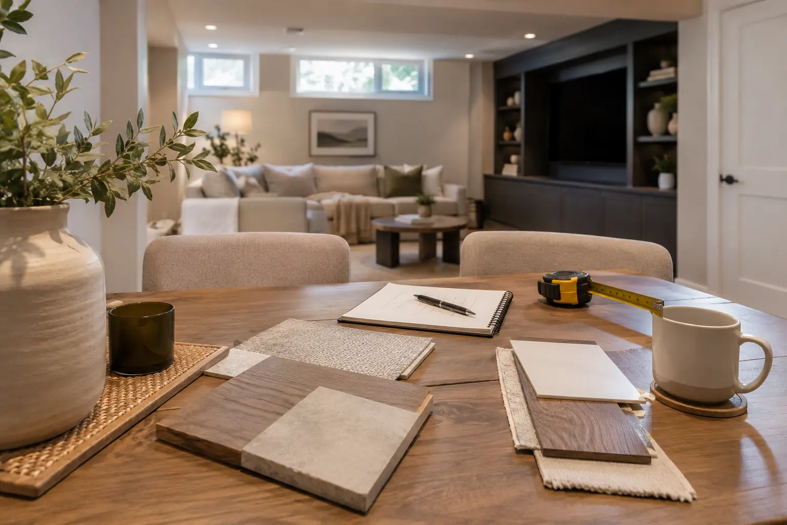 Measuring tape, notebook and material swatches in a finished basement.