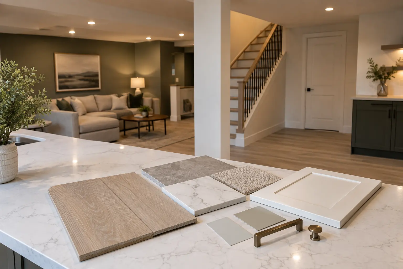 Flooring, tile, cabinet and hardware samples on a renovation table.
