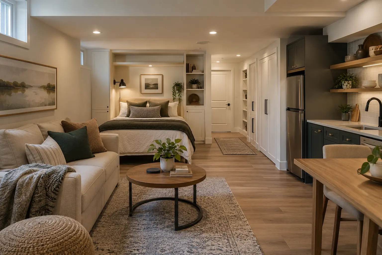 Compact open basement studio with sleeping alcove and kitchenette.