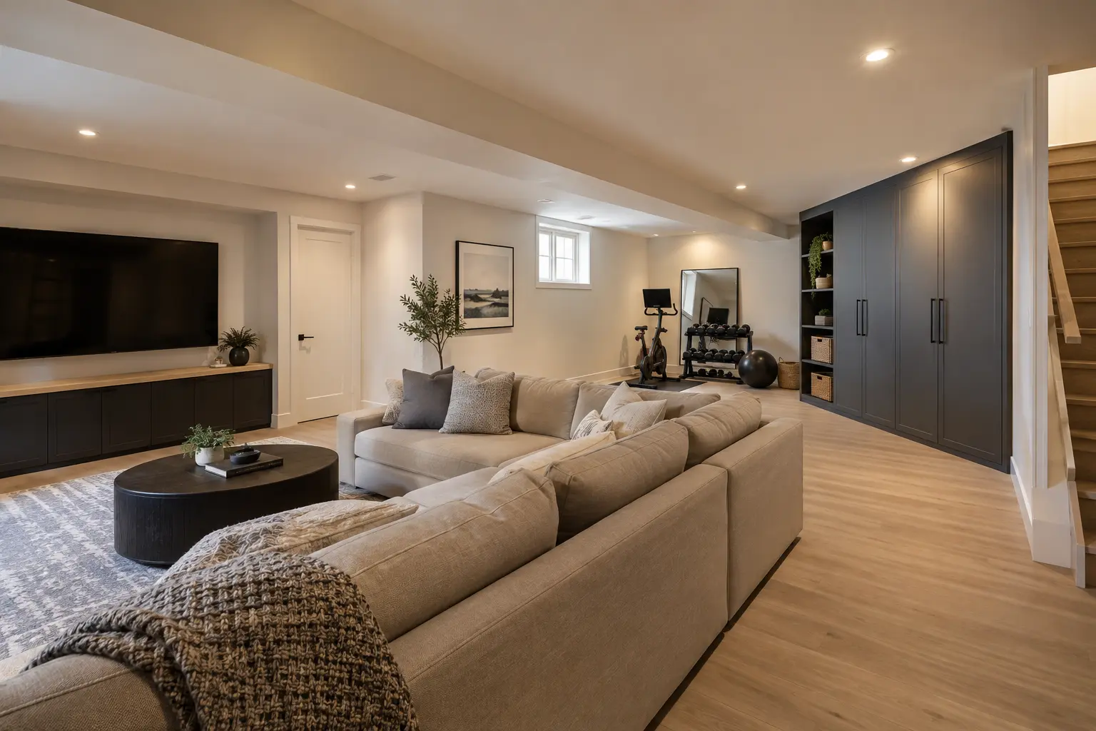 Flexible family basement with media area, exercise corner and storage.