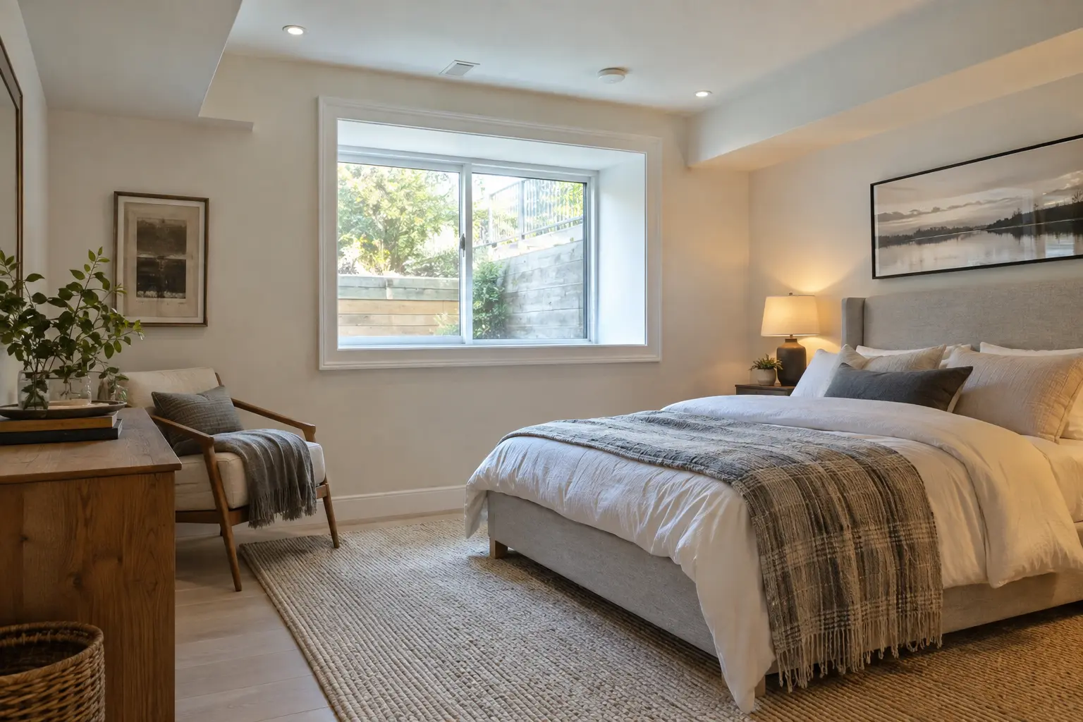 Finished basement bedroom with an operable window and natural daylight.