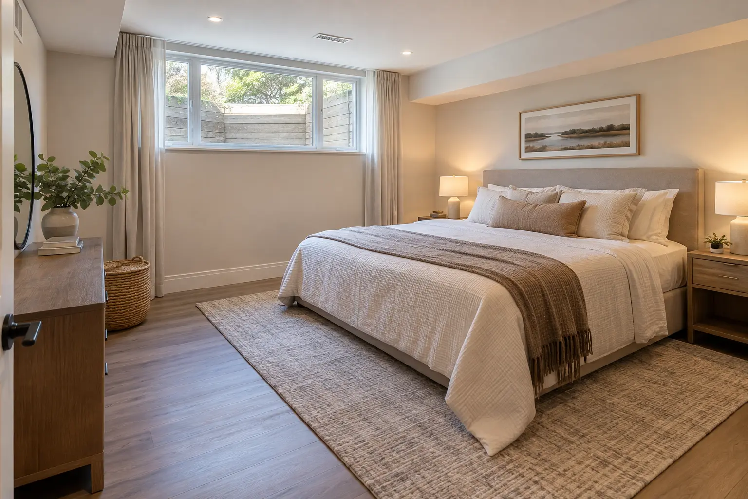 Finished basement bedroom with a broad window bringing in daylight.