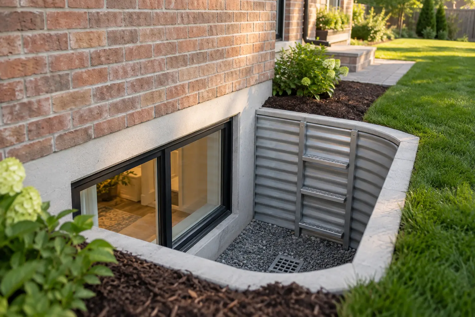 Exterior basement window well with clear opening and gravel base.