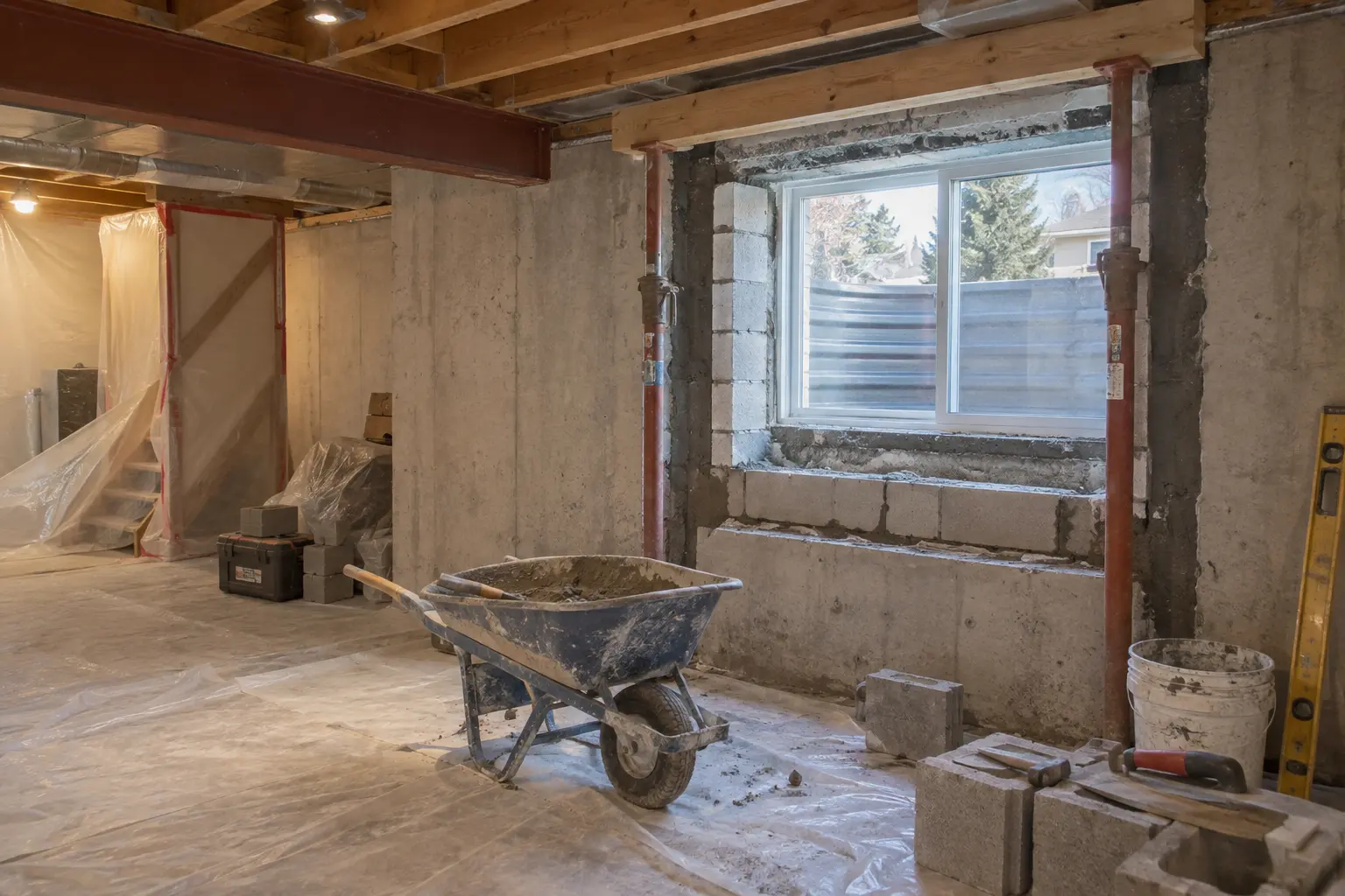 Basement window opening under construction in a concrete foundation.