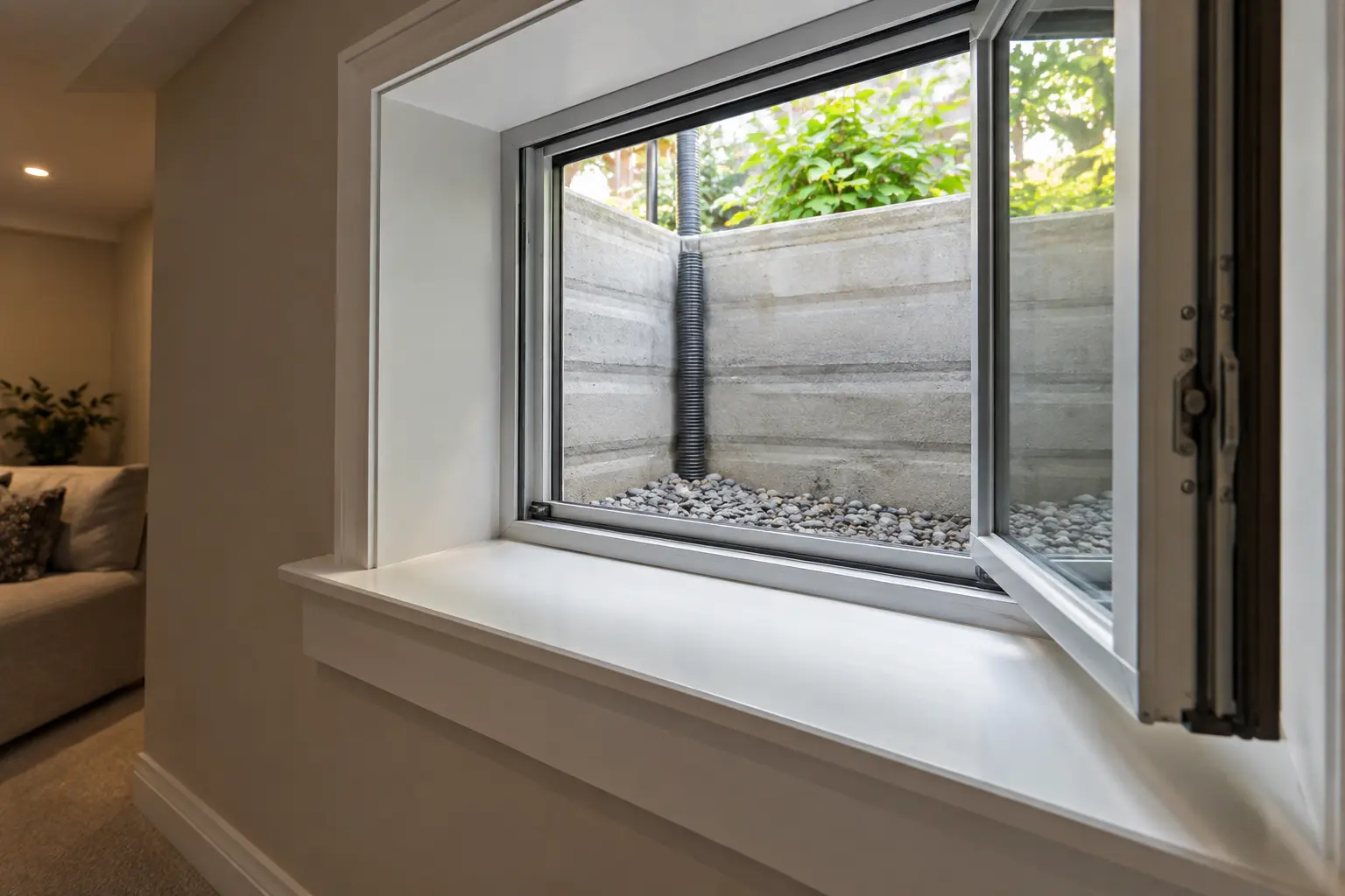 Open basement casement window with a clear window well visible outside.