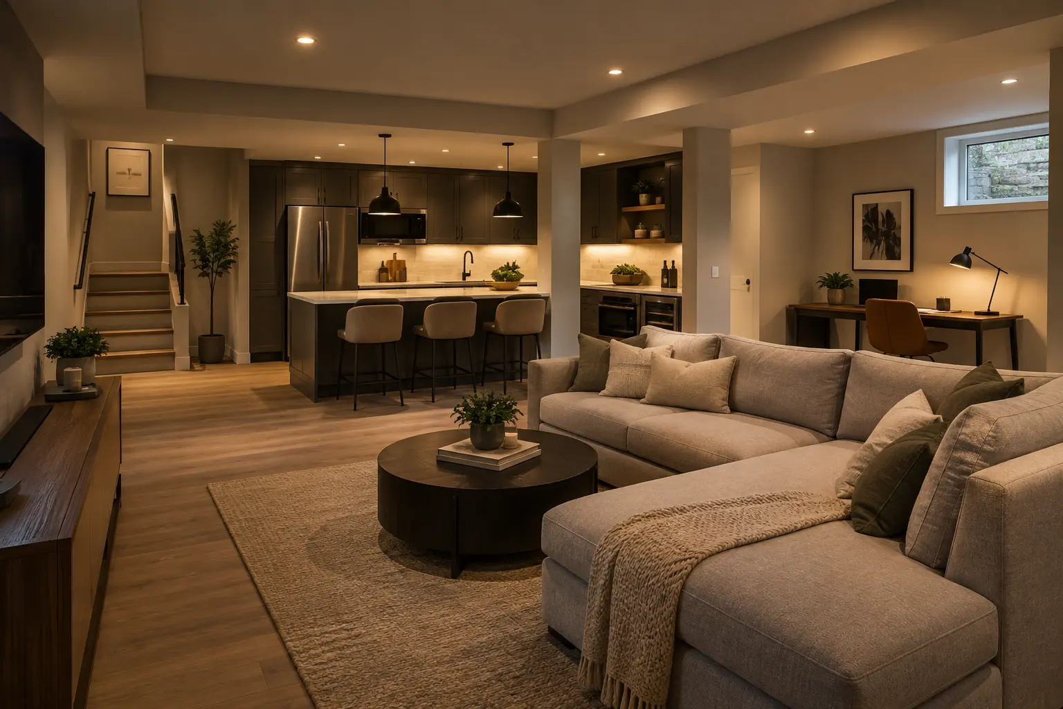 Finished Oakville basement with layered ceiling, task and accent lighting.