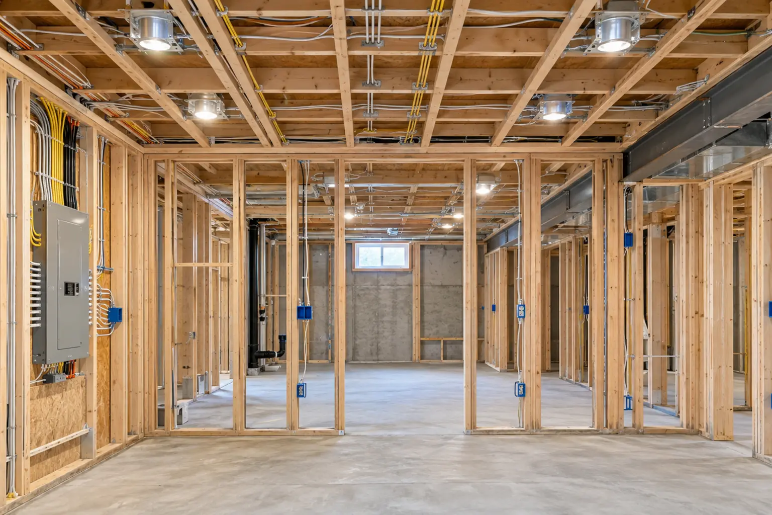 Organized electrical rough-in in an Oakville basement before insulation and drywall.