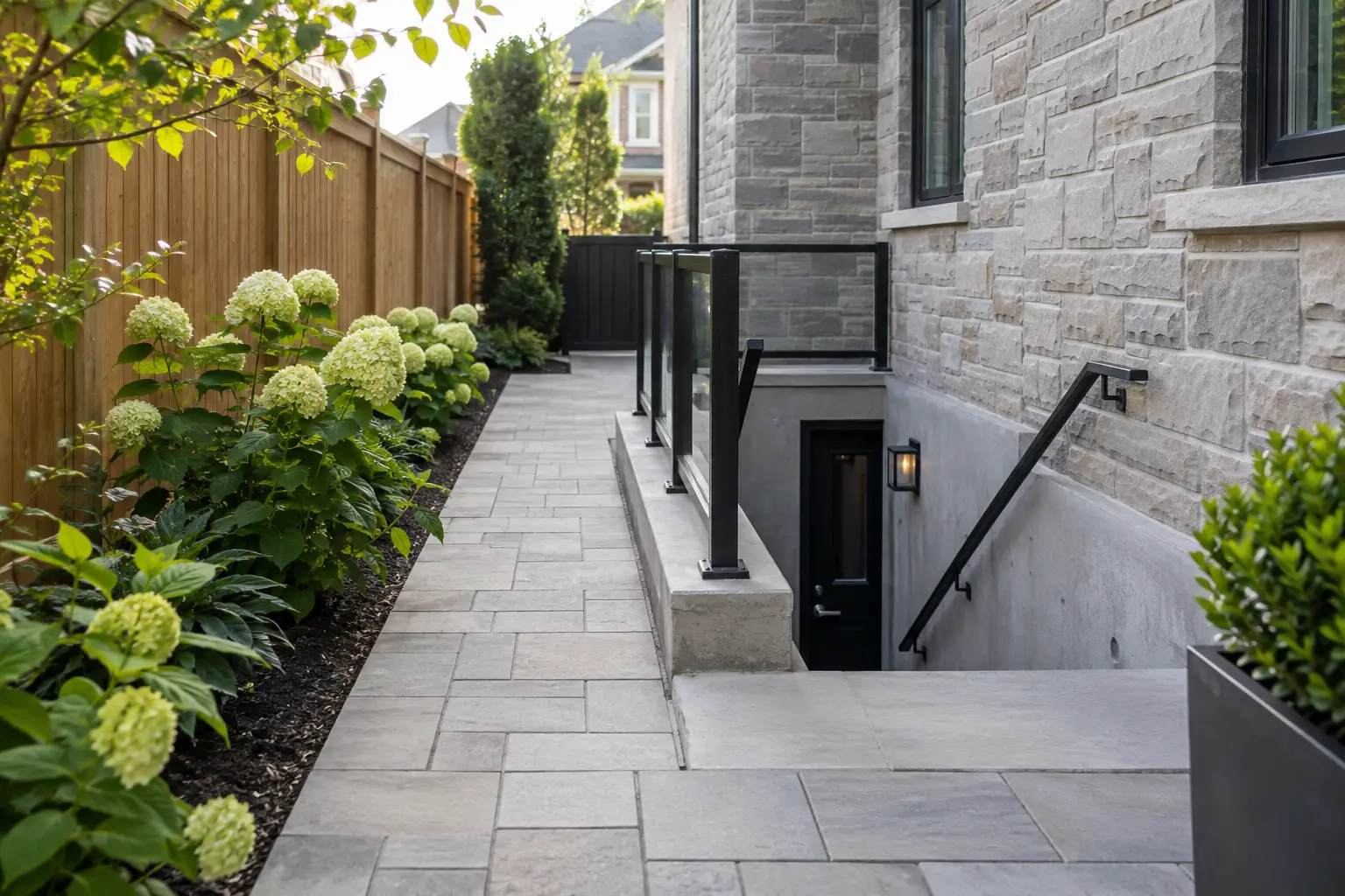 Paved side-yard walkway leading to a basement entrance.
