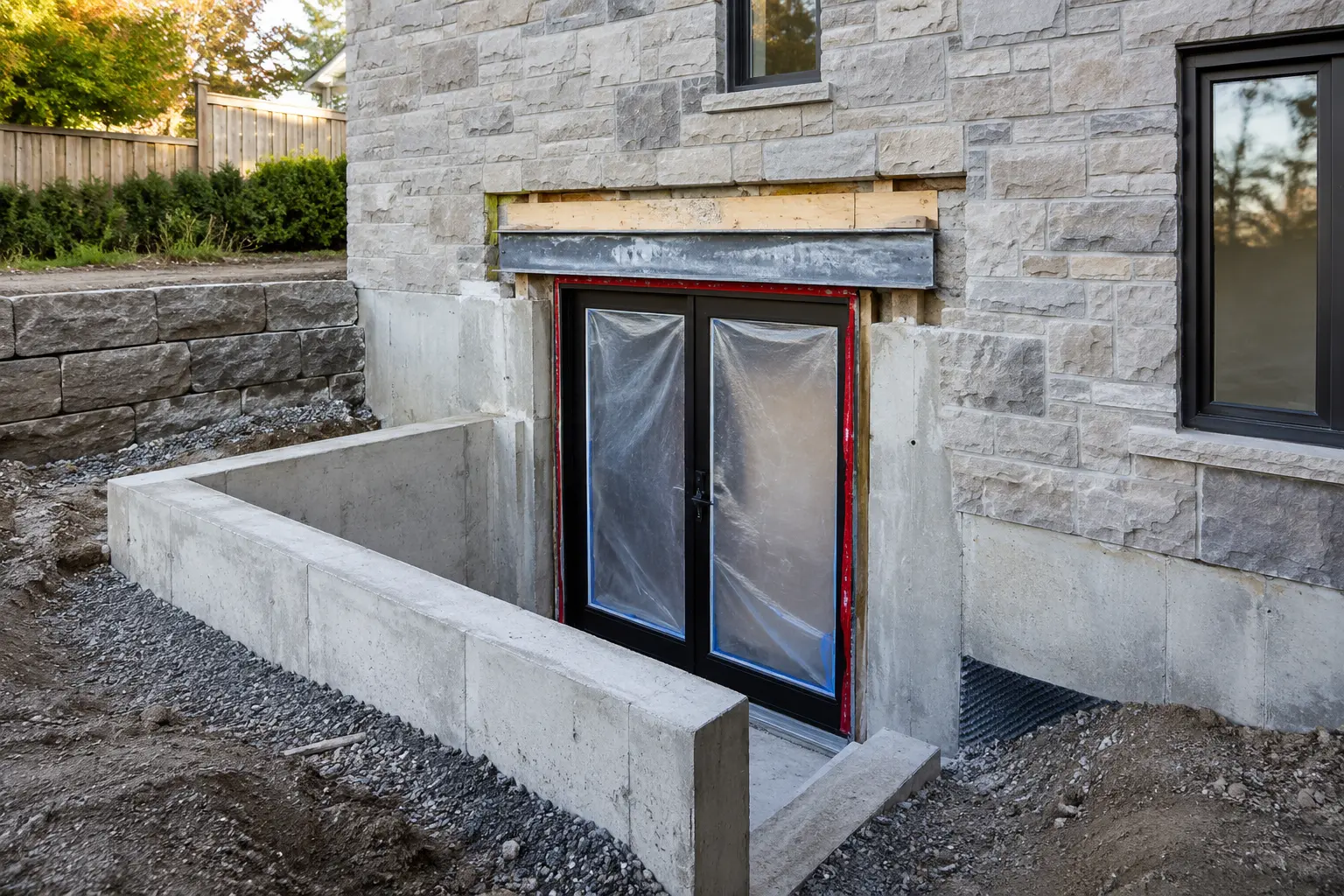 New basement doorway formed in a masonry foundation wall.