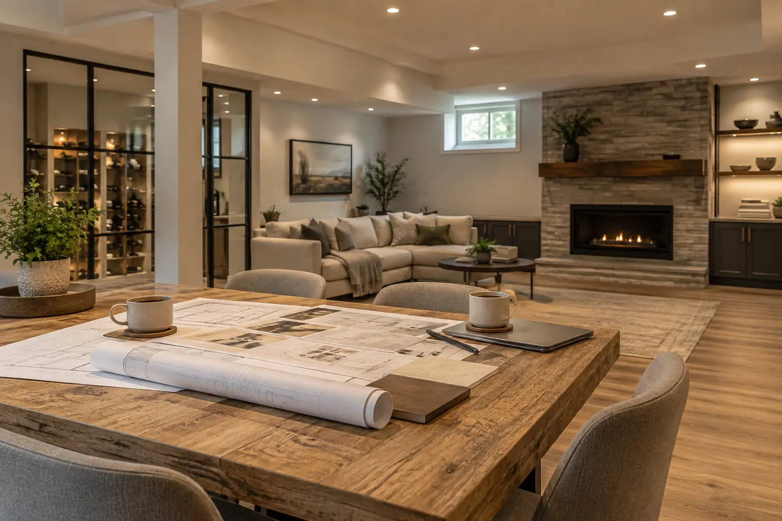 Basement planning table with floor plans and a finished room beyond.