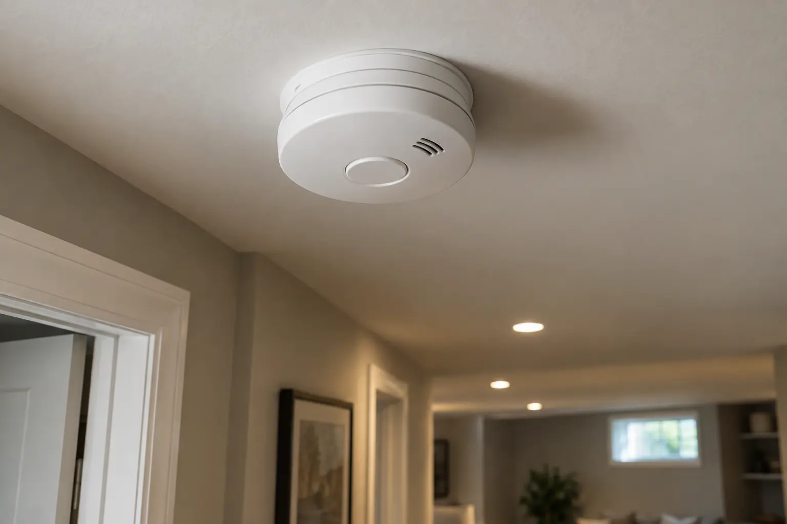 Smoke and carbon-monoxide alarm on a finished basement ceiling.