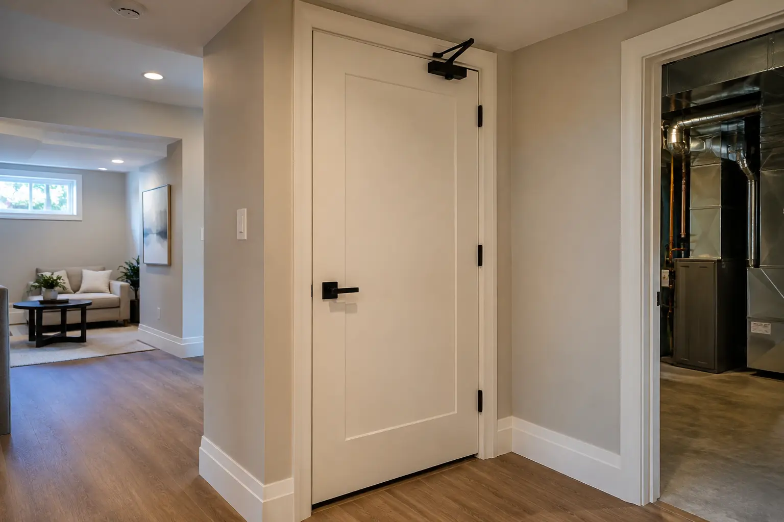 Solid interior door between a basement suite and utility circulation area.