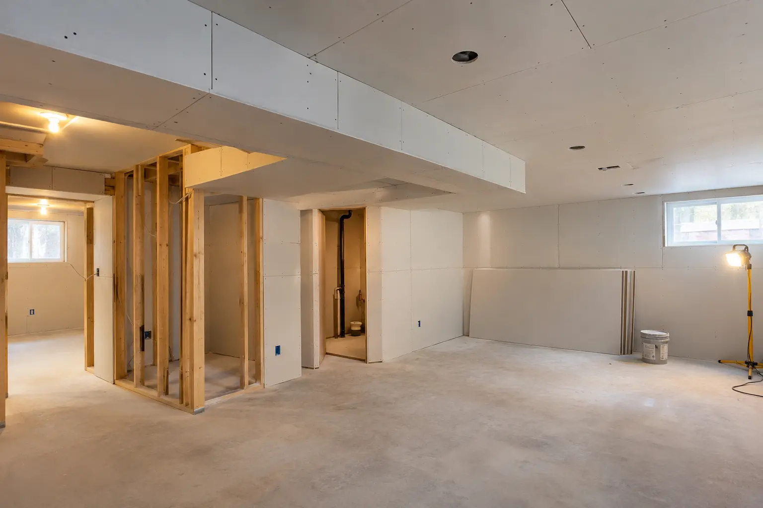 Basement walls and ceiling during careful drywall installation.