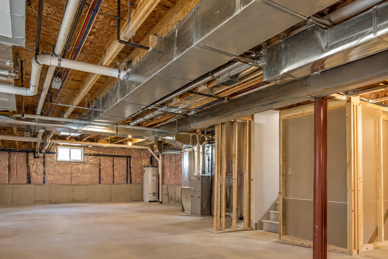 Basement ceiling service zone with ducts and penetrations visible before enclosure.