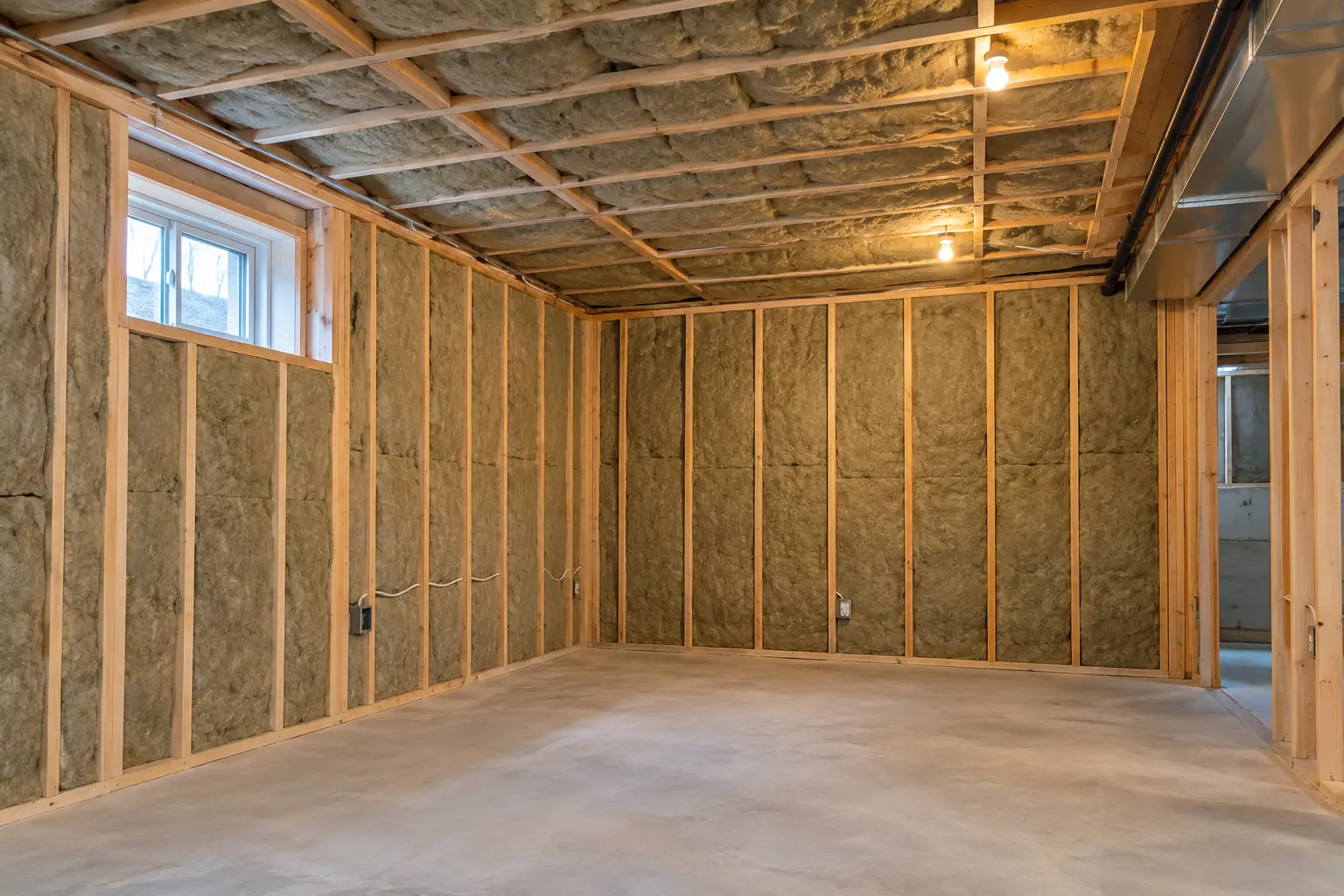 Basement wall and ceiling cavities filled with dense acoustic insulation.