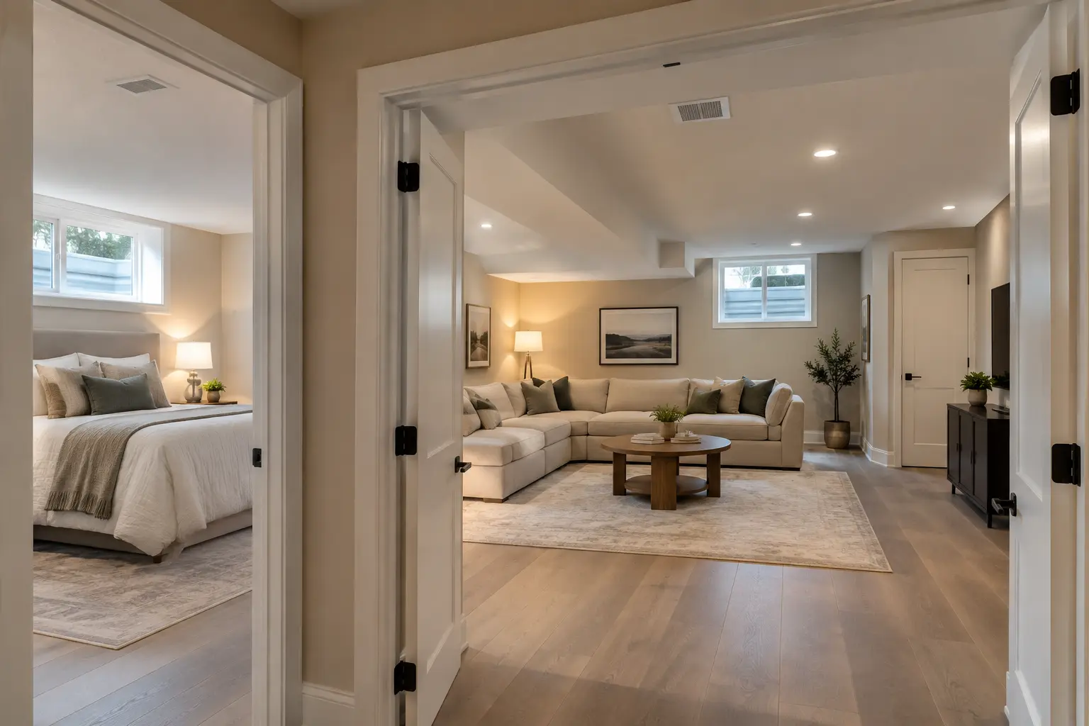 Finished Oakville basement rooms with discreet supply and return grilles.