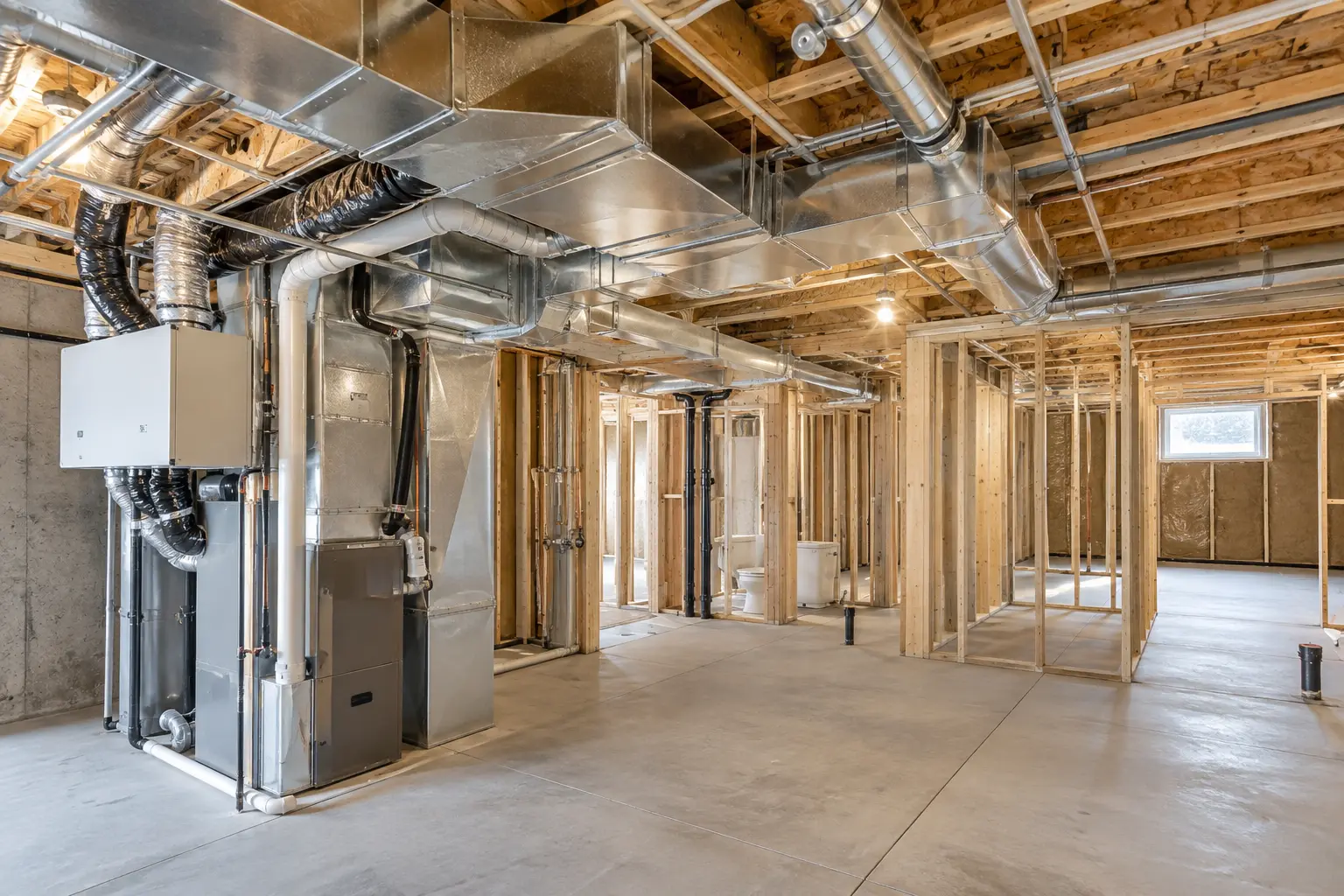 Coordinated basement HVAC rough-in with organized ducts before the ceiling is closed.