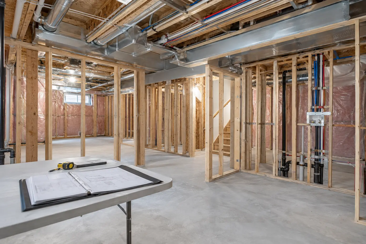 Oakville basement construction ready for a pre-drywall inspection with services visible.