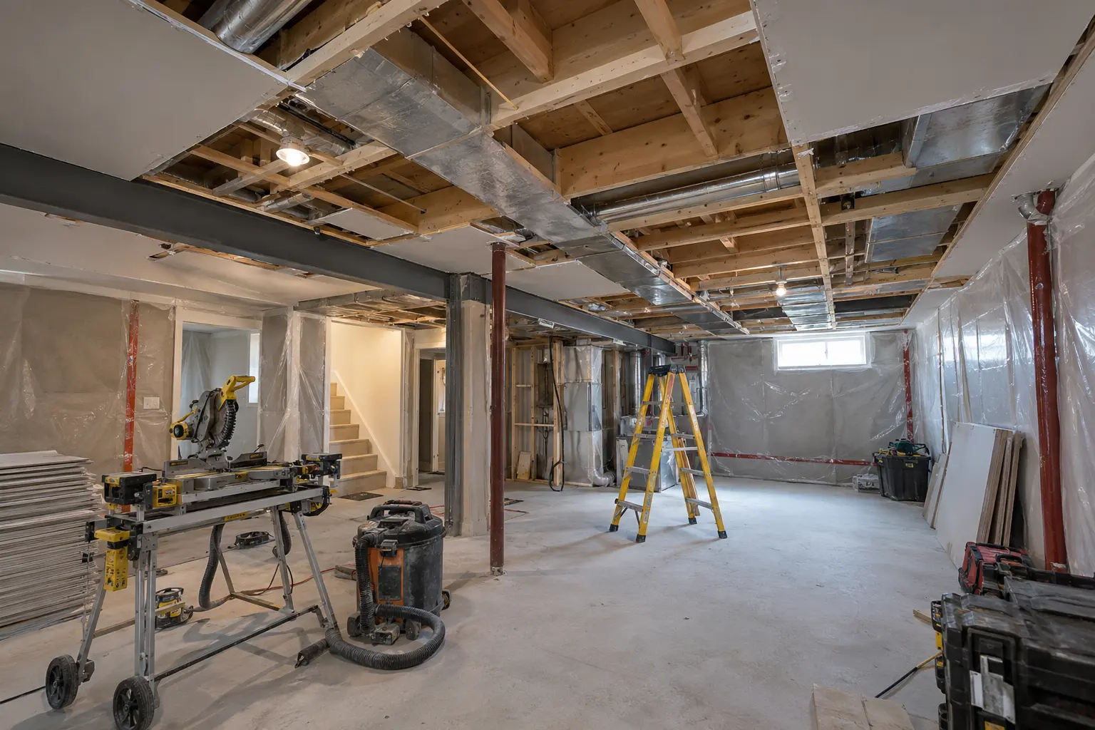 Basement ceiling opened selectively around ducts and service penetrations.