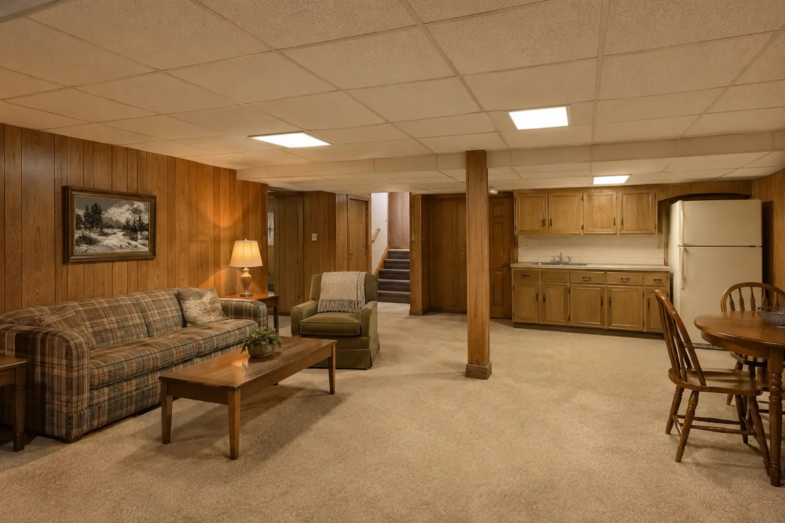 Older completed basement with kitchenette and suspended ceiling.