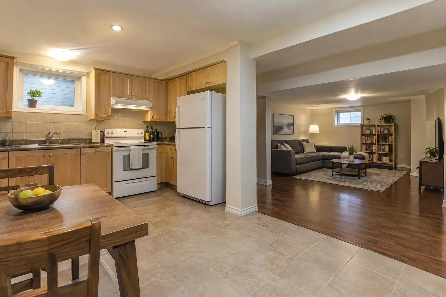 Existing basement apartment kitchen beside a finished living area.