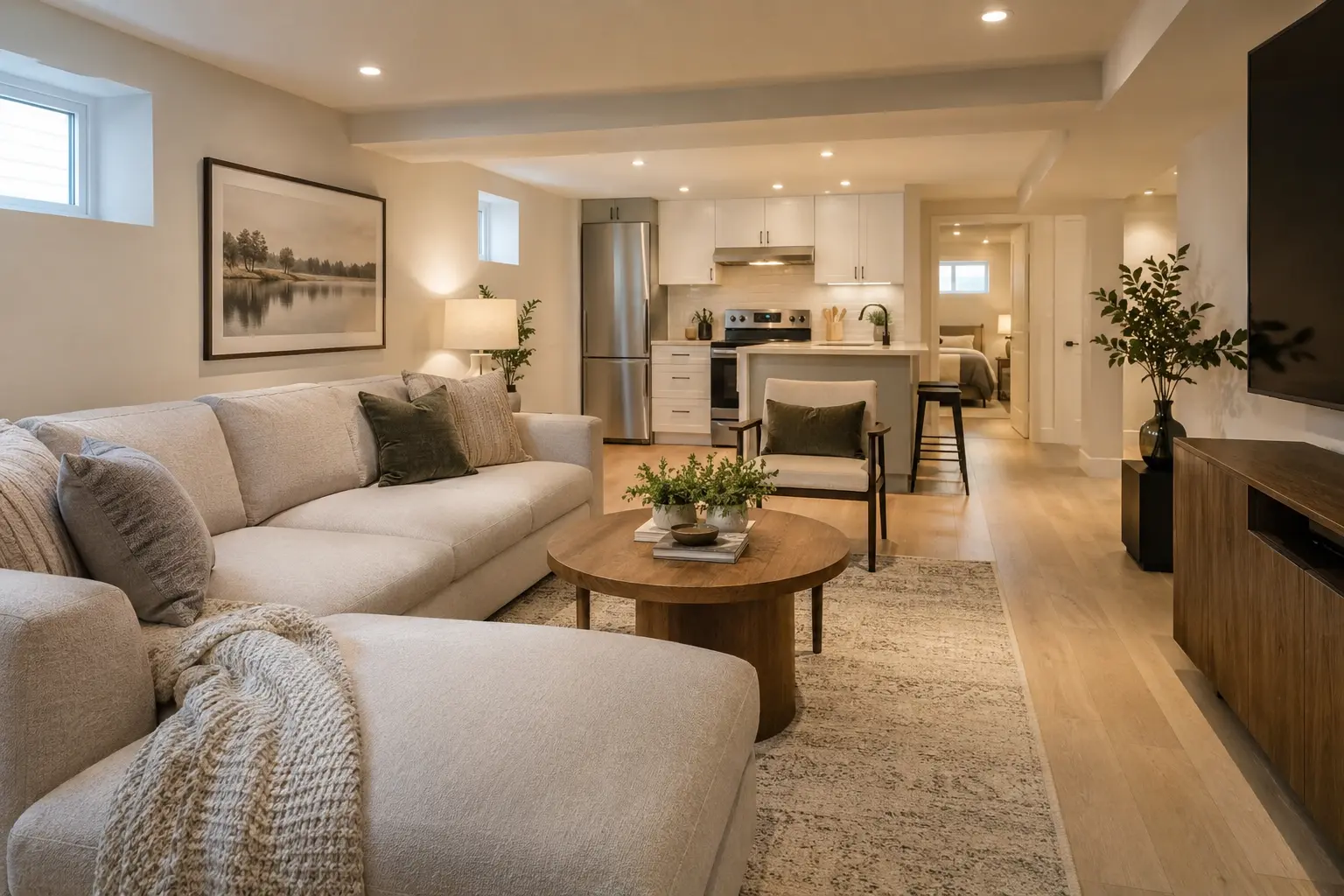 Updated basement suite with comfortable living room and compact kitchen.