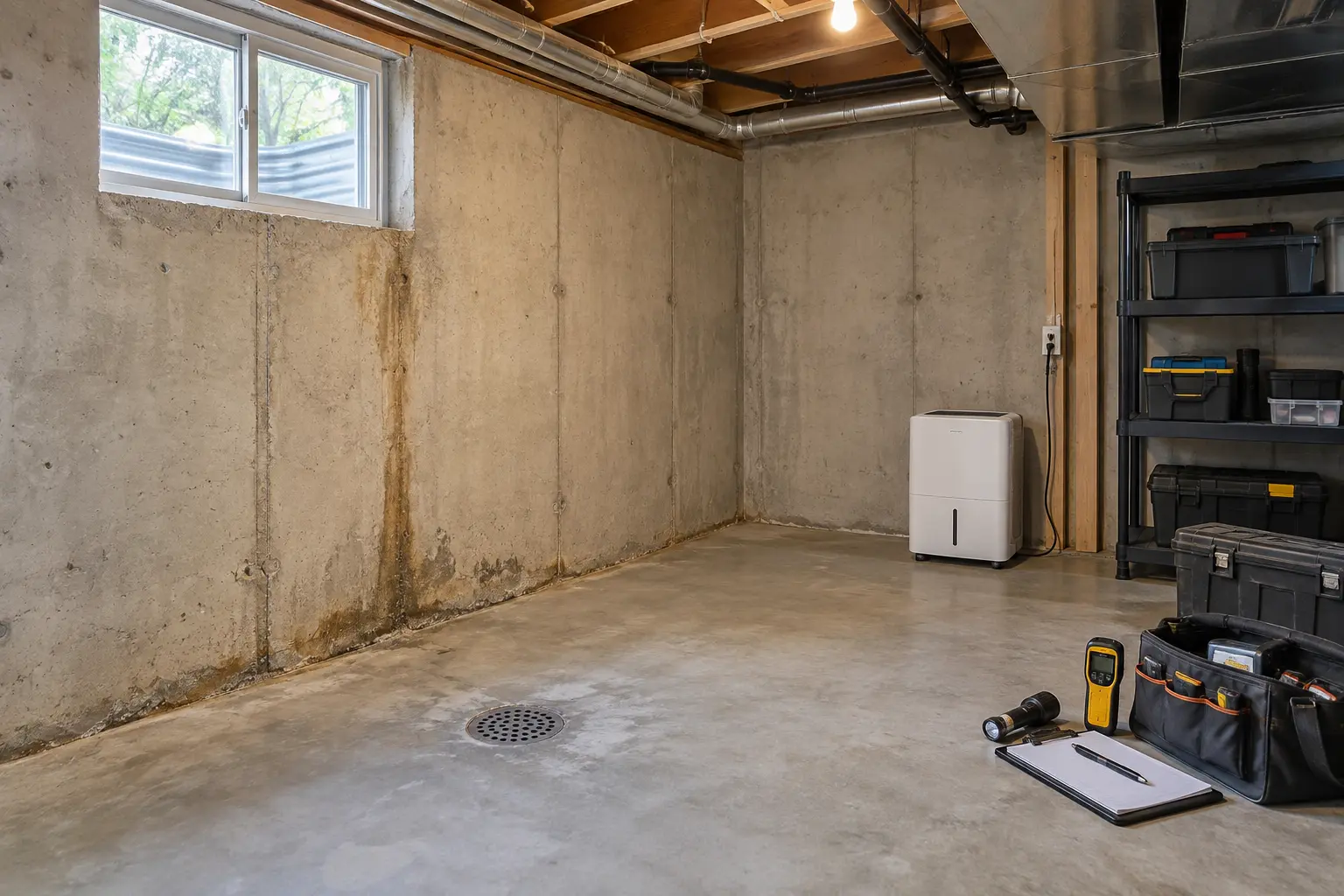 Oakville basement foundation and slab being assessed for moisture before renovation.