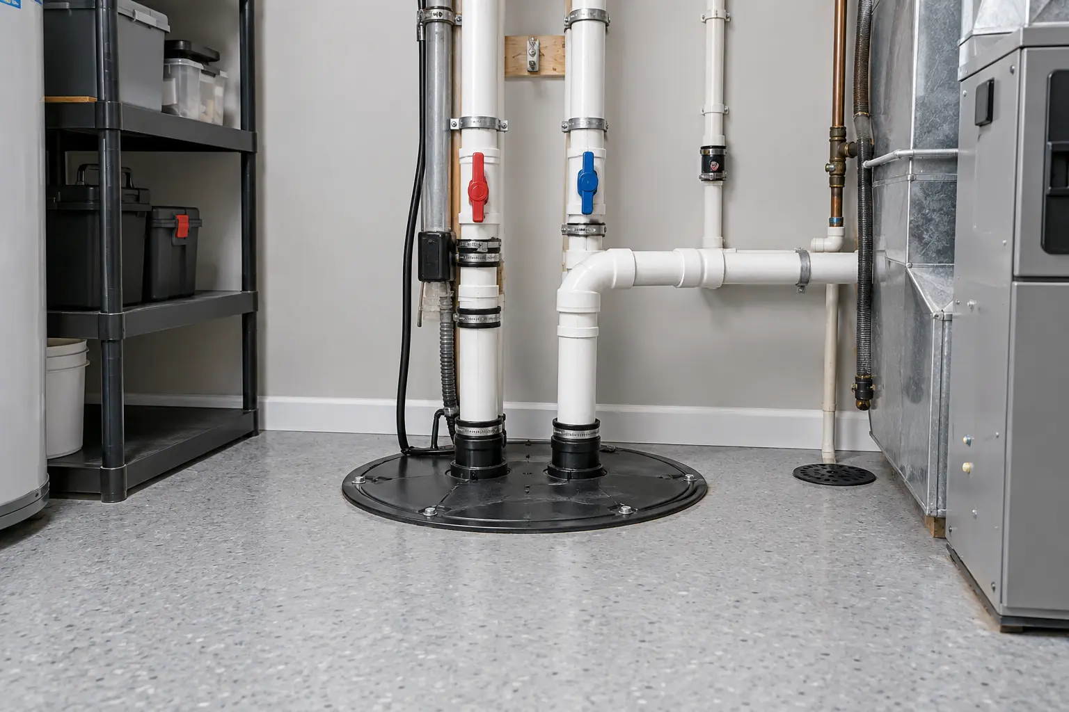 Clean Oakville basement sump and drainage equipment with accessible cover and discharge.