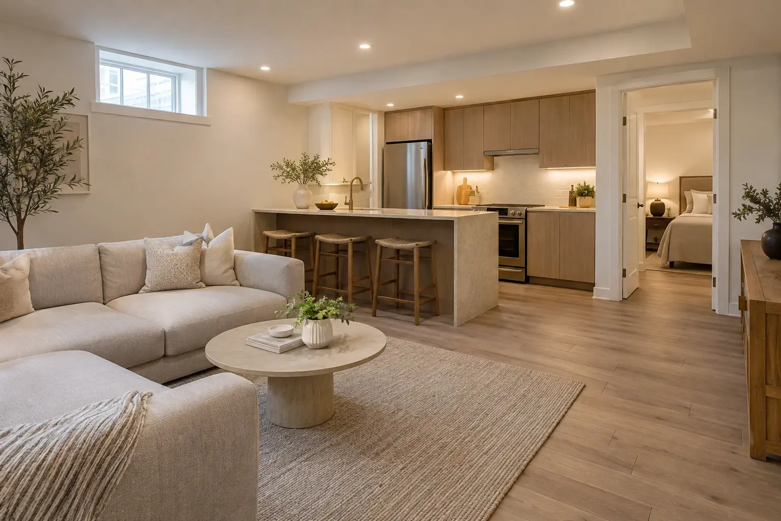 Completed basement suite with an open kitchen and living room.