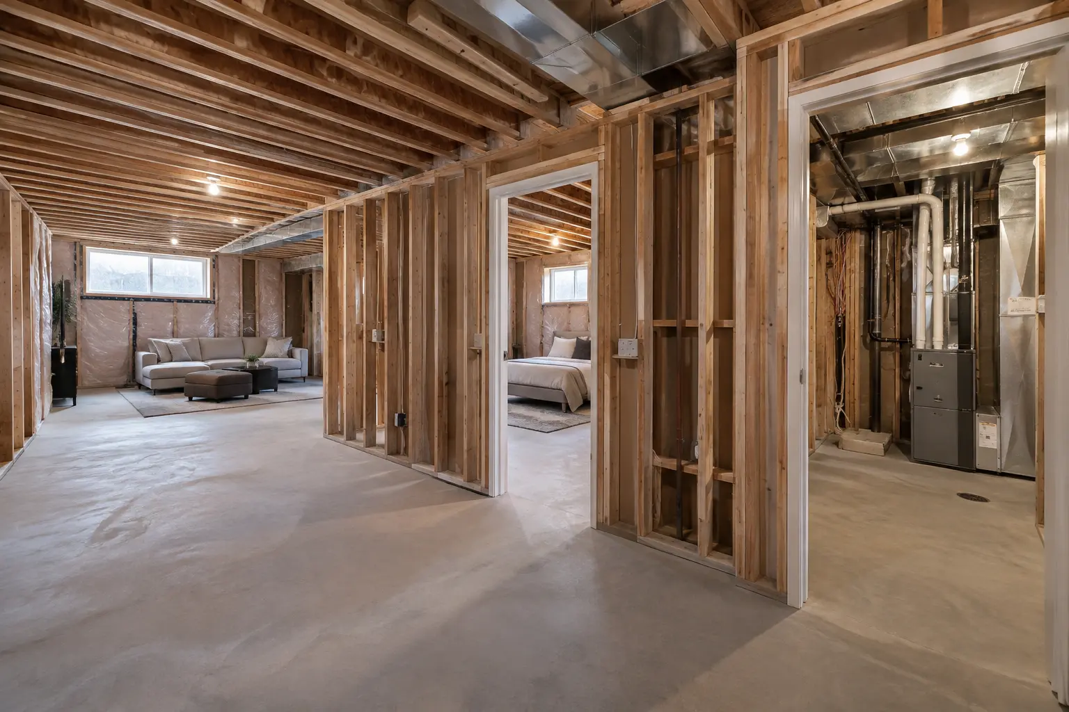 Partially framed basement showing rooms and mechanical-space separation.