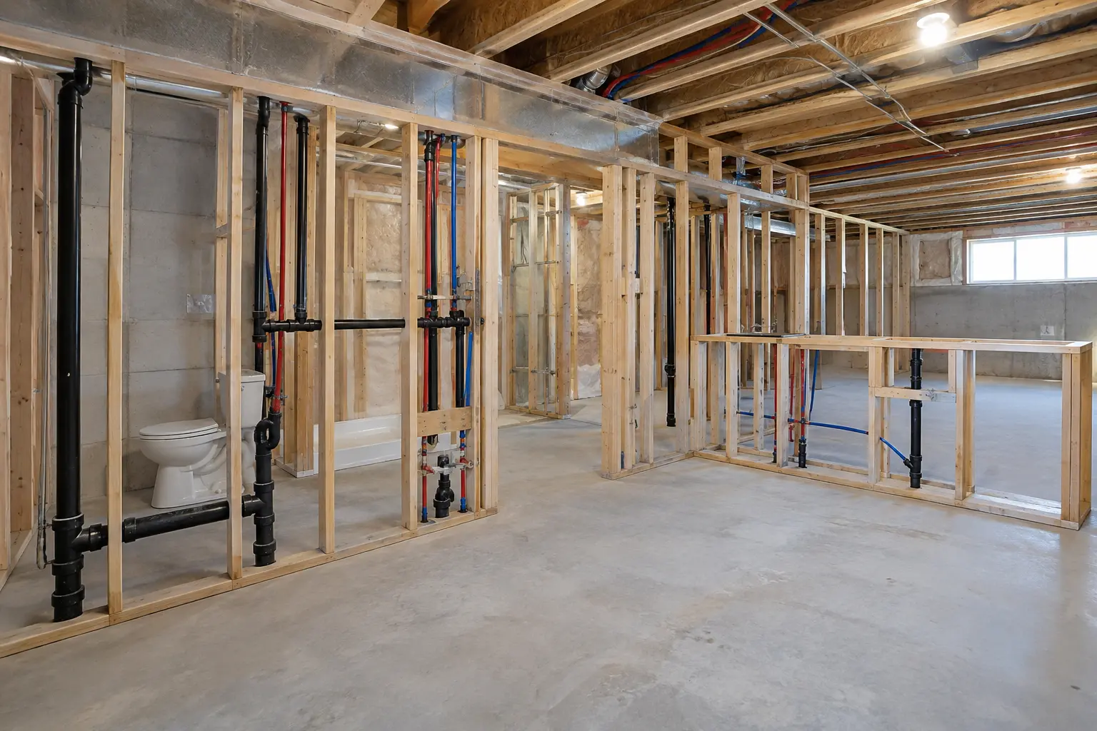 Organized plumbing rough-ins within a framed basement renovation.
