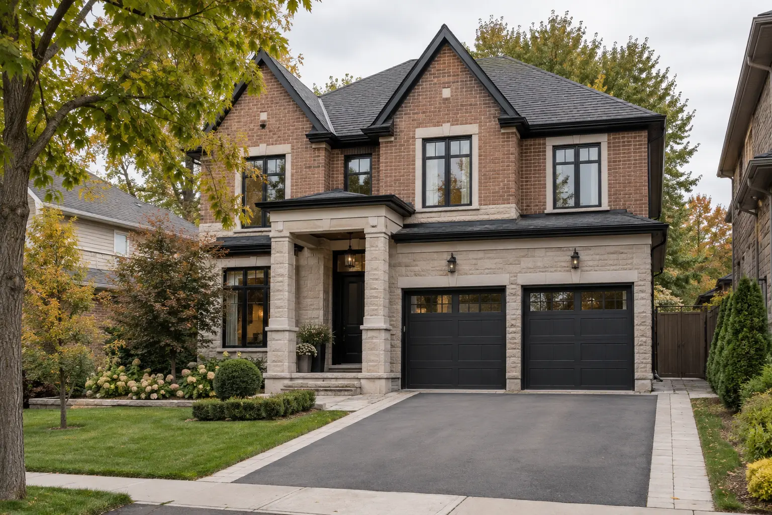 Oakville detached home with brick, limestone and mature landscaping.