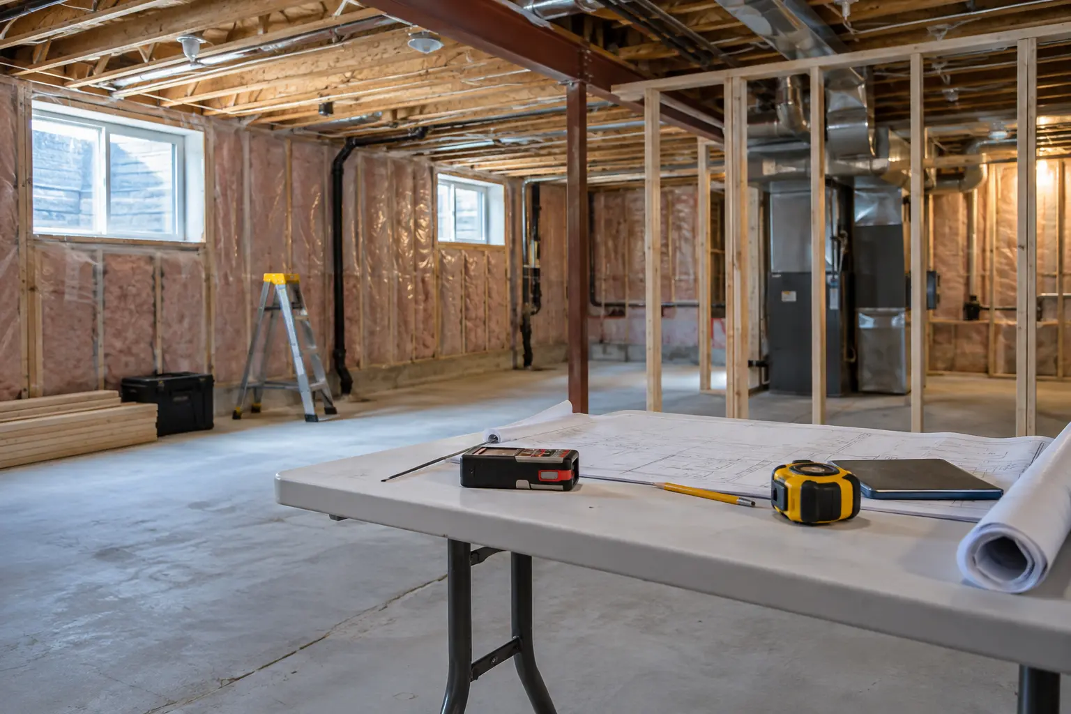 Measurement tools and floor-plan notes inside an unfinished basement.