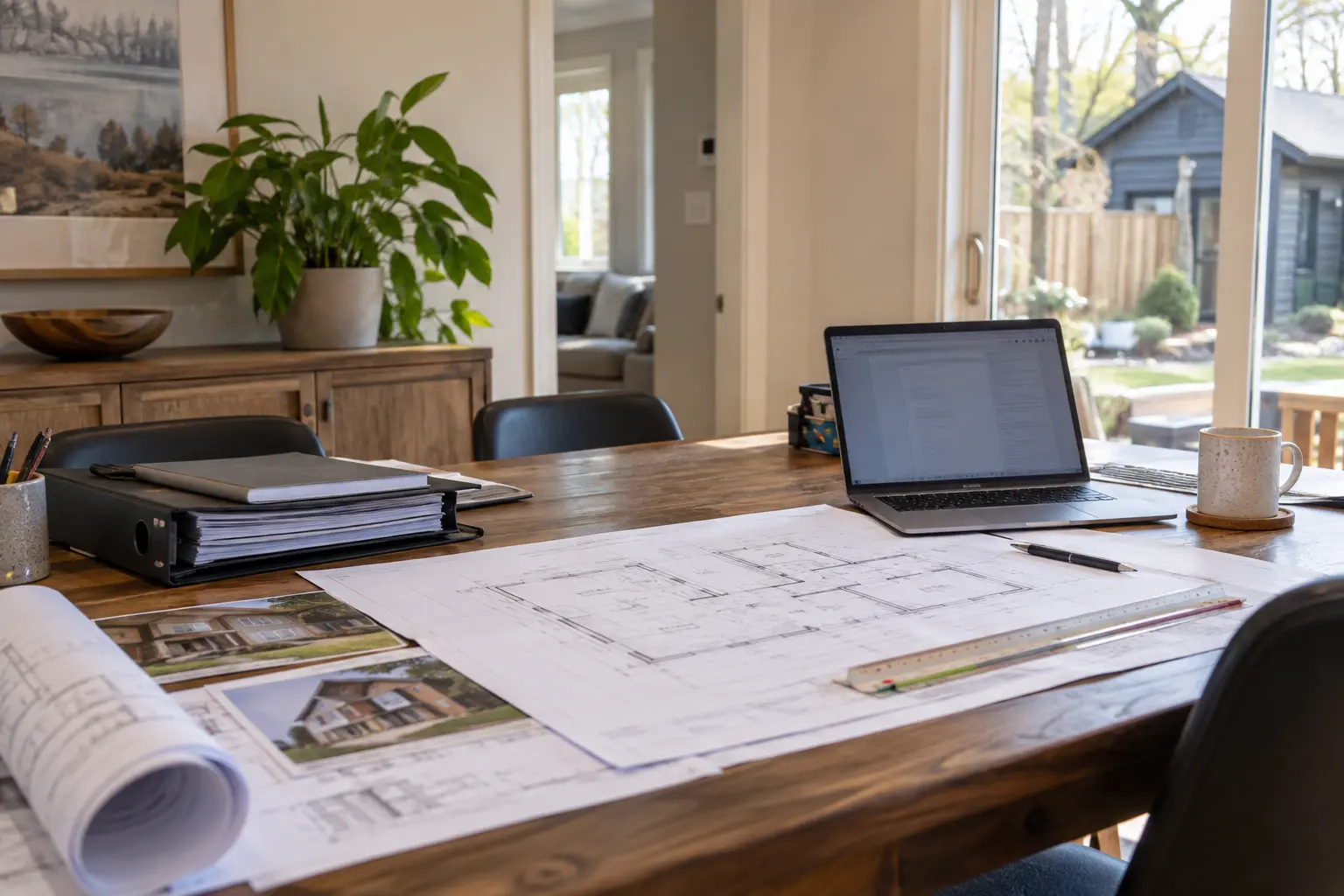 Organized permit-preparation desk with plans and a laptop.