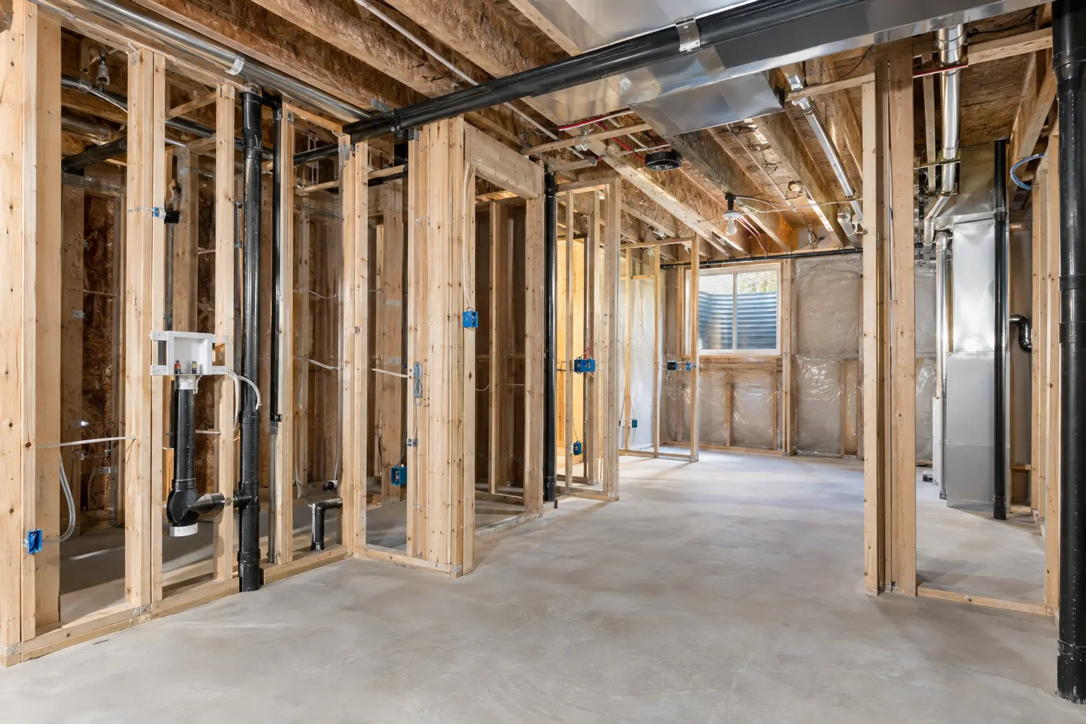 Clean pre-drywall basement with framing and services accessible for inspection.