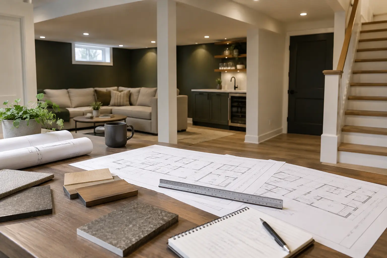 Basement floor plans, scale ruler and renovation materials on a work table.