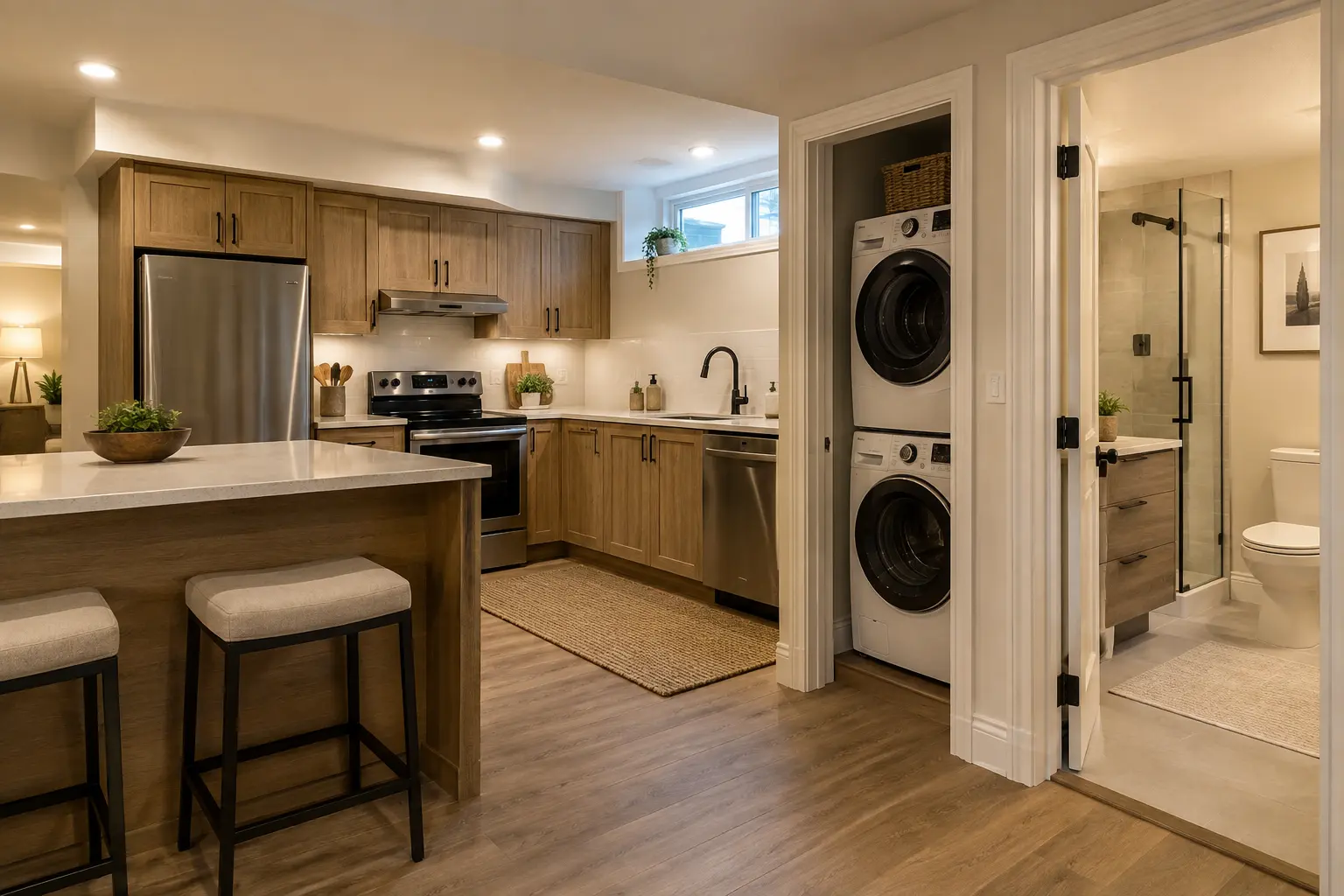 Finished Oakville basement kitchenette, laundry and bathroom with coordinated fixtures.