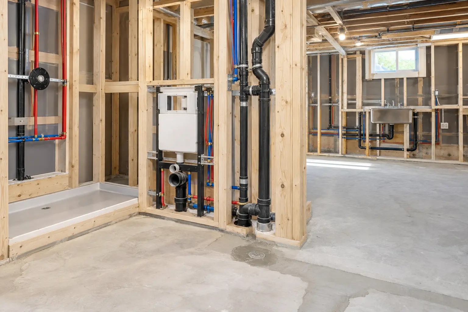 Oakville basement plumbing rough-in with visible drains and supply routes before the slab is restored.