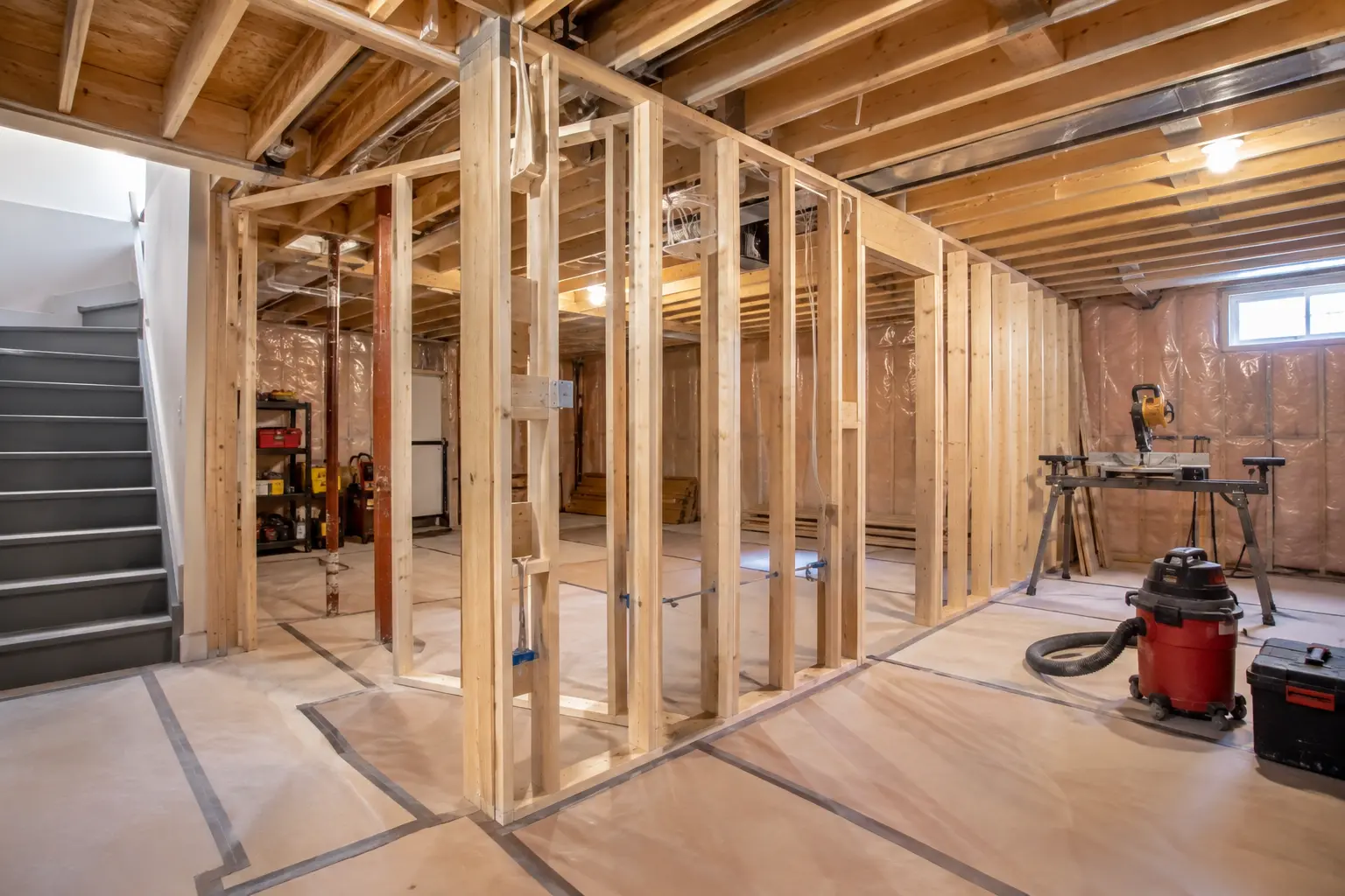 Detailed basement construction work documented before finishes are installed.